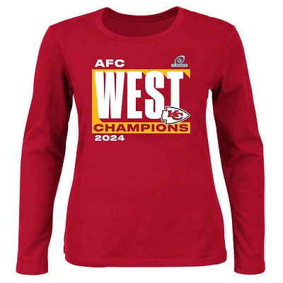 T-shirt à manches longues et col rond pour femme Fanatics Red Kansas City Chiefs 2024 AFC West Division Champions grande taille