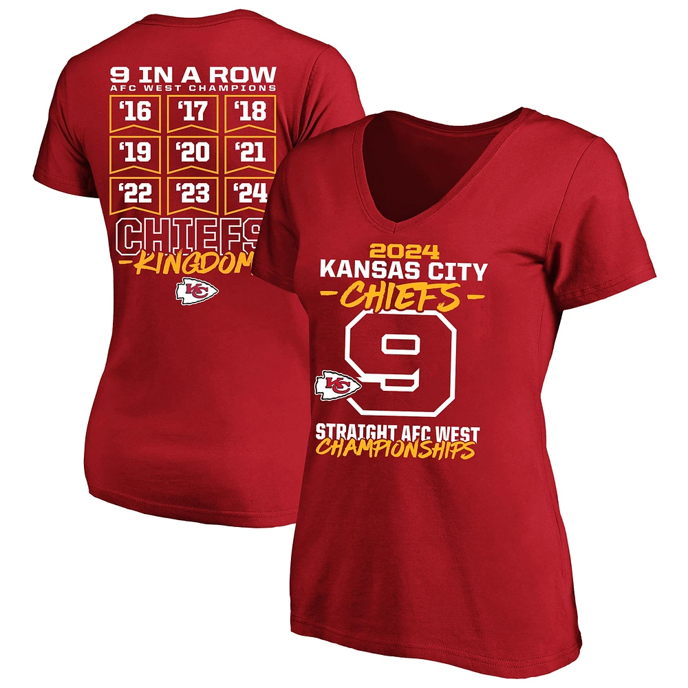 T-shirt col en V grande taille pour femme Fanatics Red Kansas City Chiefs, neuf fois championne consécutive de la division ouest l'AFC