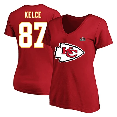 Women's Fanatics Travis Kelce Red Kansas City Chiefs Super Bowl LVIII Plus Name & Number V-Neck T-Shirt