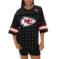 Women's Gameday Couture Black Kansas City Chiefs Kickoff Time Allover Rhinestone Sports Stripe Jersey V-Neck T-Shirt