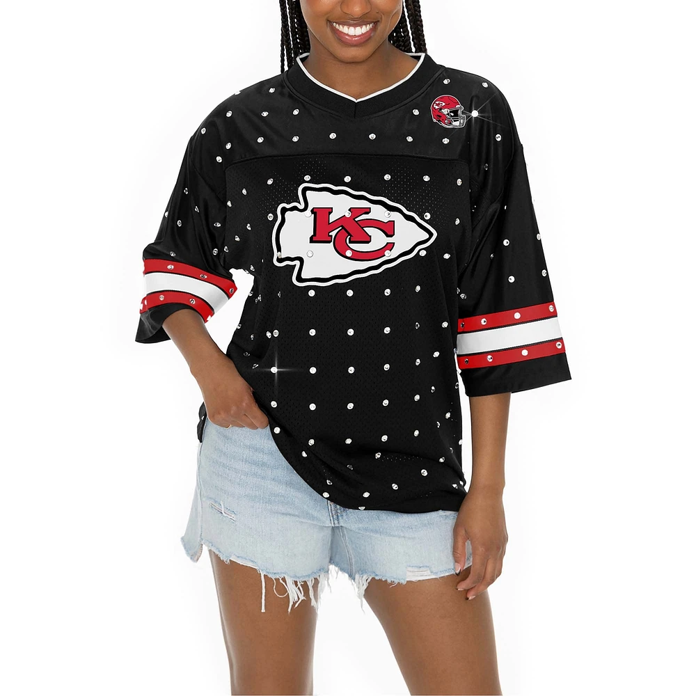 Women's Gameday Couture Black Kansas City Chiefs Kickoff Time Allover Rhinestone Sports Stripe Jersey V-Neck T-Shirt