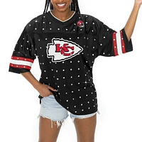 Women's Gameday Couture Black Kansas City Chiefs Kickoff Time Allover Rhinestone Sports Stripe Jersey V-Neck T-Shirt