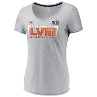 T-shirt col en V gris pour femme Kansas City Chiefs Super Bowl LVIII Champions Counting Points