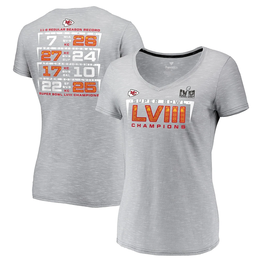 T-shirt col en V gris pour femme Kansas City Chiefs Super Bowl LVIII Champions Counting Points