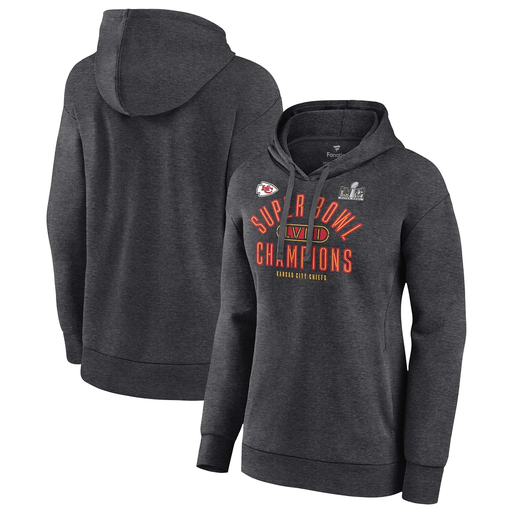 Women's  Heather Charcoal Kansas City Chiefs Super Bowl LVIII Champions Under the Lights Fleece Pullover Hoodie