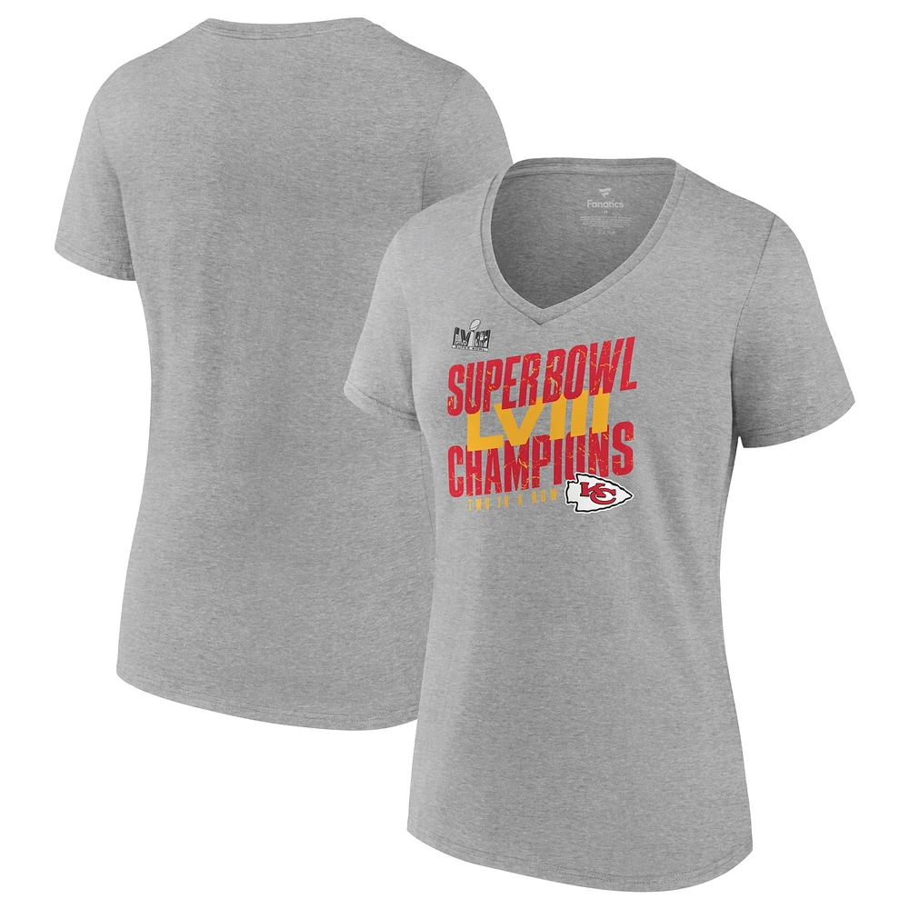 T-shirt à col en V emblématique des champions du Super Bowl LVIII Chiefs de Kansas City pour femme, gris chiné