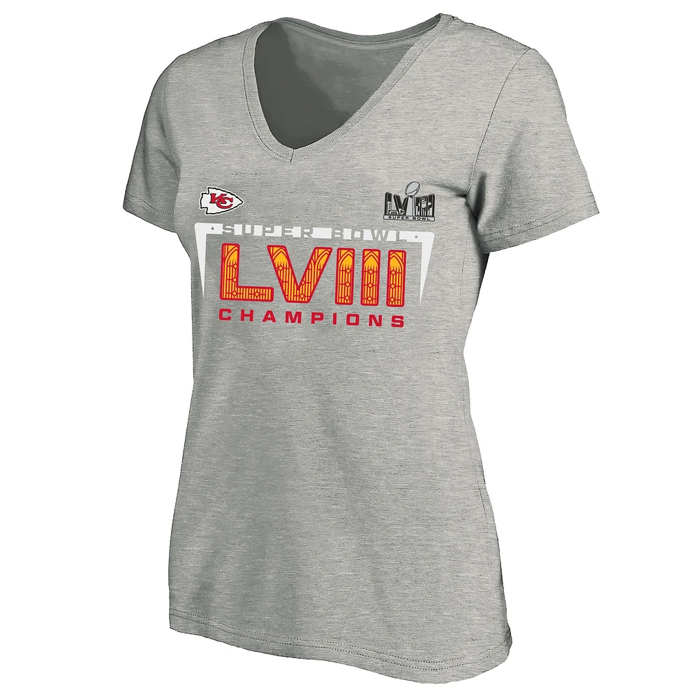 T-shirt col en V pour femme Heather Gray Kansas City Chiefs Super Bowl LVIII Champions grande taille Counting Points