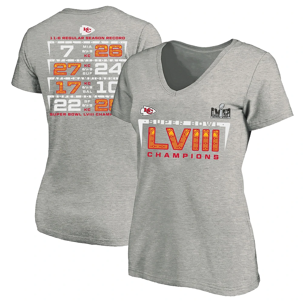 T-shirt col en V pour femme Heather Gray Kansas City Chiefs Super Bowl LVIII Champions grande taille Counting Points