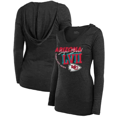 Kansas City Chiefs Majestic Threads Women's Super Bowl LVII High Tide Tri-Blend V-Neck Long Sleeve Hoodie T-Shirt - Black