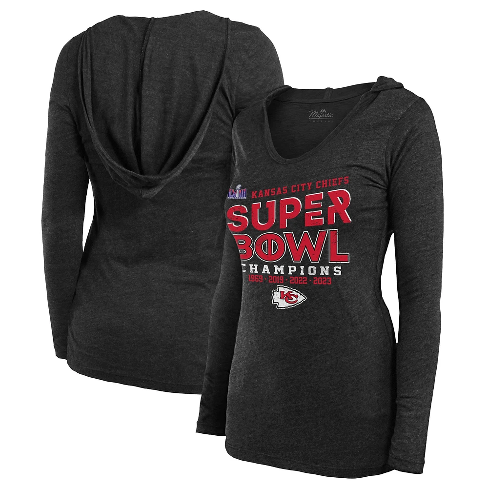 T-shirt à capuche manches longues et col en V Majestic Threads noir pour femmes des Chiefs de Kansas City Super Bowl LVIII Champions Loudmouth