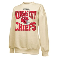 Women's Majestic Threads Cream Kansas City Chiefs Super Bowl LIX Fadeaway Helmet Oversized Tri-Blend Pullover Sweatshirt