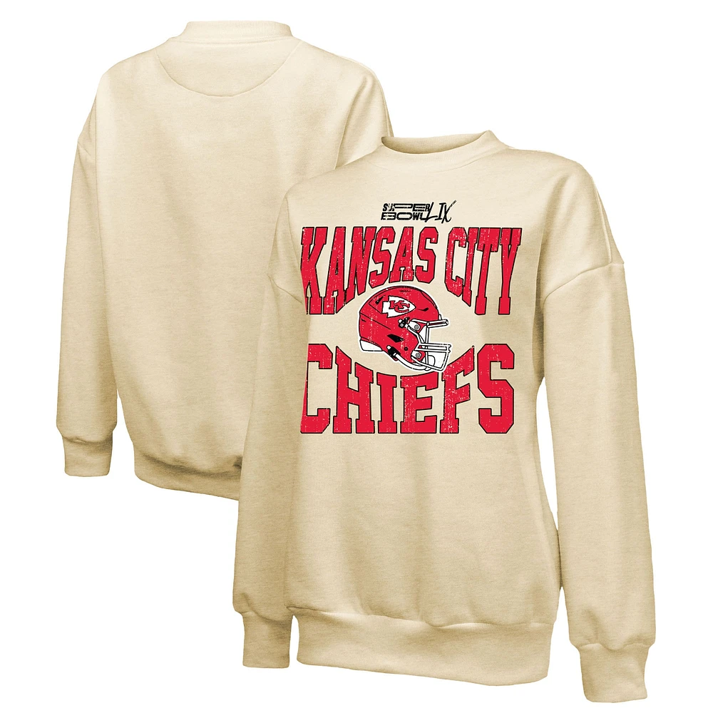 Women's Majestic Threads Cream Kansas City Chiefs Super Bowl LIX Fadeaway Helmet Oversized Tri-Blend Pullover Sweatshirt