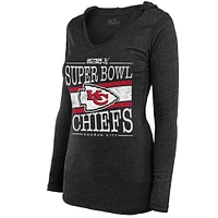 Women's Majestic Threads Heather Charcoal Kansas City Chiefs Super Bowl LIX Dapper Tri-Blend V-Neck Long Sleeve Hoodie T-Shirt