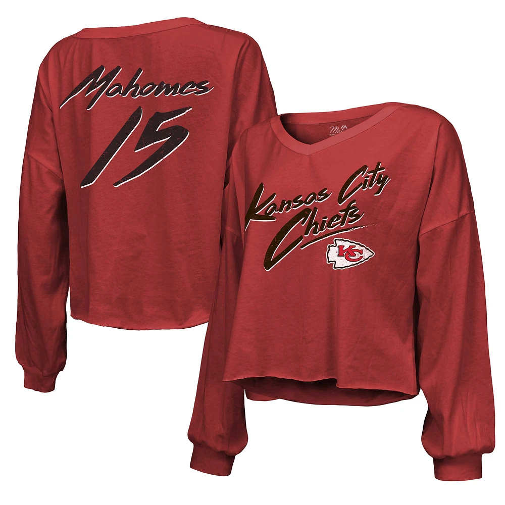 Majestic Threads pour femmes Patrick Mahomes Red Kansas City Chiefs Nom et numéro T-shirt court à col en V épaules dénudées