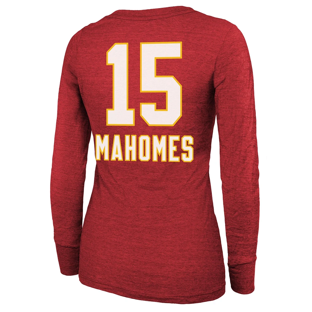 Women's Majestic Threads Patrick Mahomes Red Kansas City Chiefs Super Bowl LIX Player Name & Number Tri-Blend Long Sleeve Scoop Neck T-Shirt