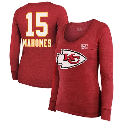 Women's Majestic Threads Patrick Mahomes Red Kansas City Chiefs Super Bowl LIX Player Name & Number Tri-Blend Long Sleeve Scoop Neck T-Shirt