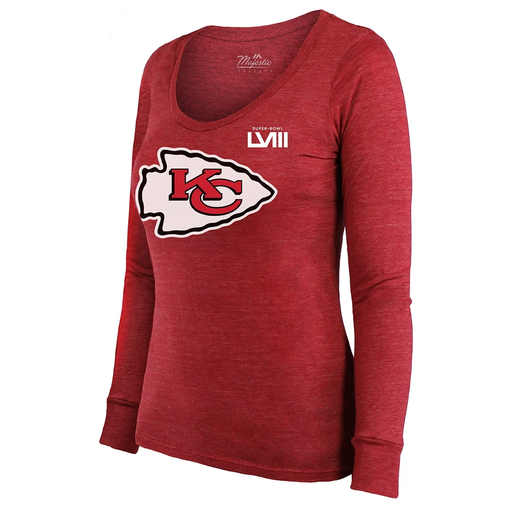 Majestic Threads pour femmes Patrick Mahomes Rouge Kansas City Chiefs Super Bowl LVIII Scoop Nom et numéro Tri-Blend T-shirt à manches longues