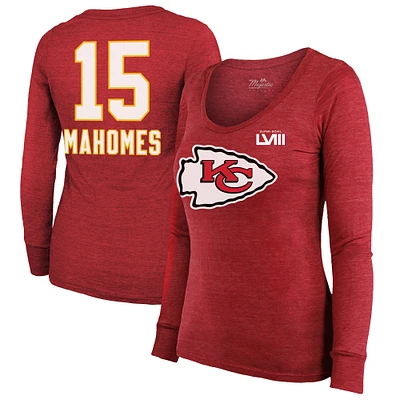 Majestic Threads pour femmes Patrick Mahomes Rouge Kansas City Chiefs Super Bowl LVIII Scoop Nom et numéro Tri-Blend T-shirt à manches longues