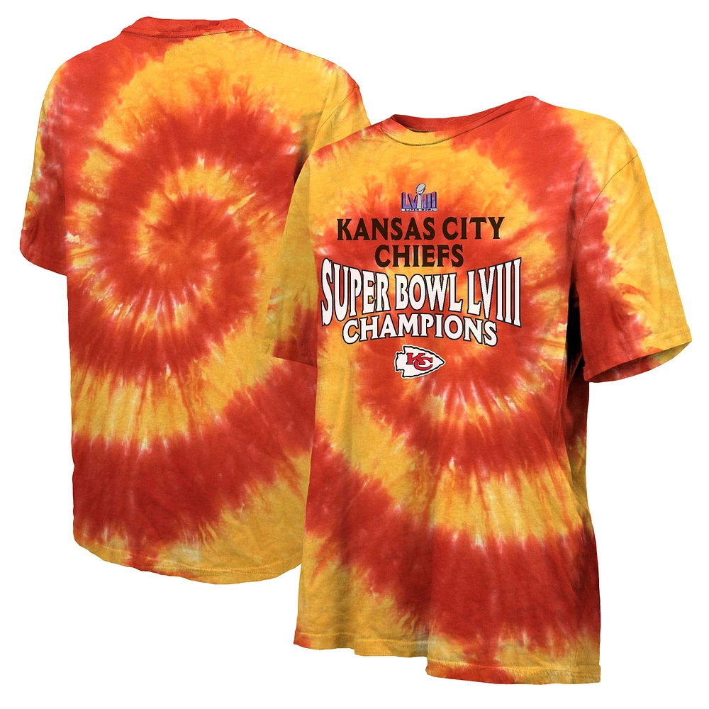 T-shirt surdimensionné tie-dye Majestic Threads pour femmes, rouge/or, Kansas City Chiefs Super Bowl LVIII Champions