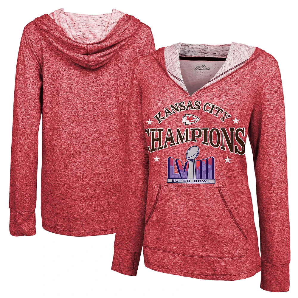 Women's Majestic Threads  Red Kansas City Chiefs Super Bowl LVIII Champions Dunk Slub Pullover V-Neck Hoodie