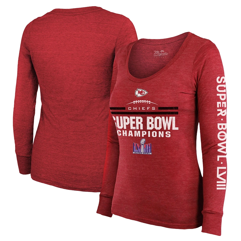 Women's Majestic Threads  Red Kansas City Chiefs Super Bowl LVIII Champions Goal Line Stand Scoop Neck Tri-Blend Light Weight Long Sleeve T-Shirt