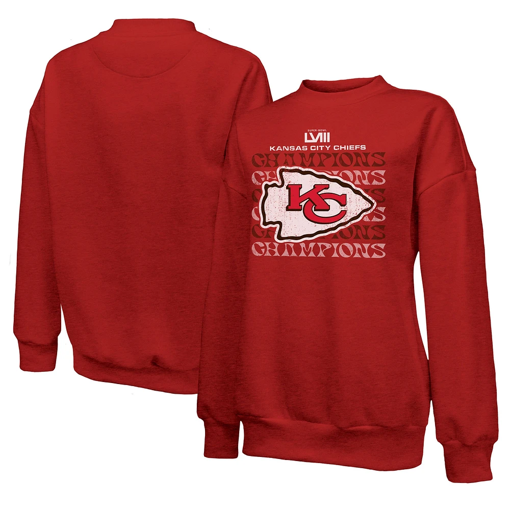 Women's Majestic Threads  Red Kansas City Chiefs Super Bowl LVIII Champions Retro Repeat Pullover Sweatshirt