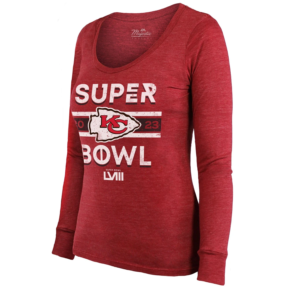 Women's Majestic Threads  Red Kansas City Chiefs Super Bowl LVIII Make It Happen Lightweight Tri-Blend Long Sleeve Scoop Neck T-Shirt