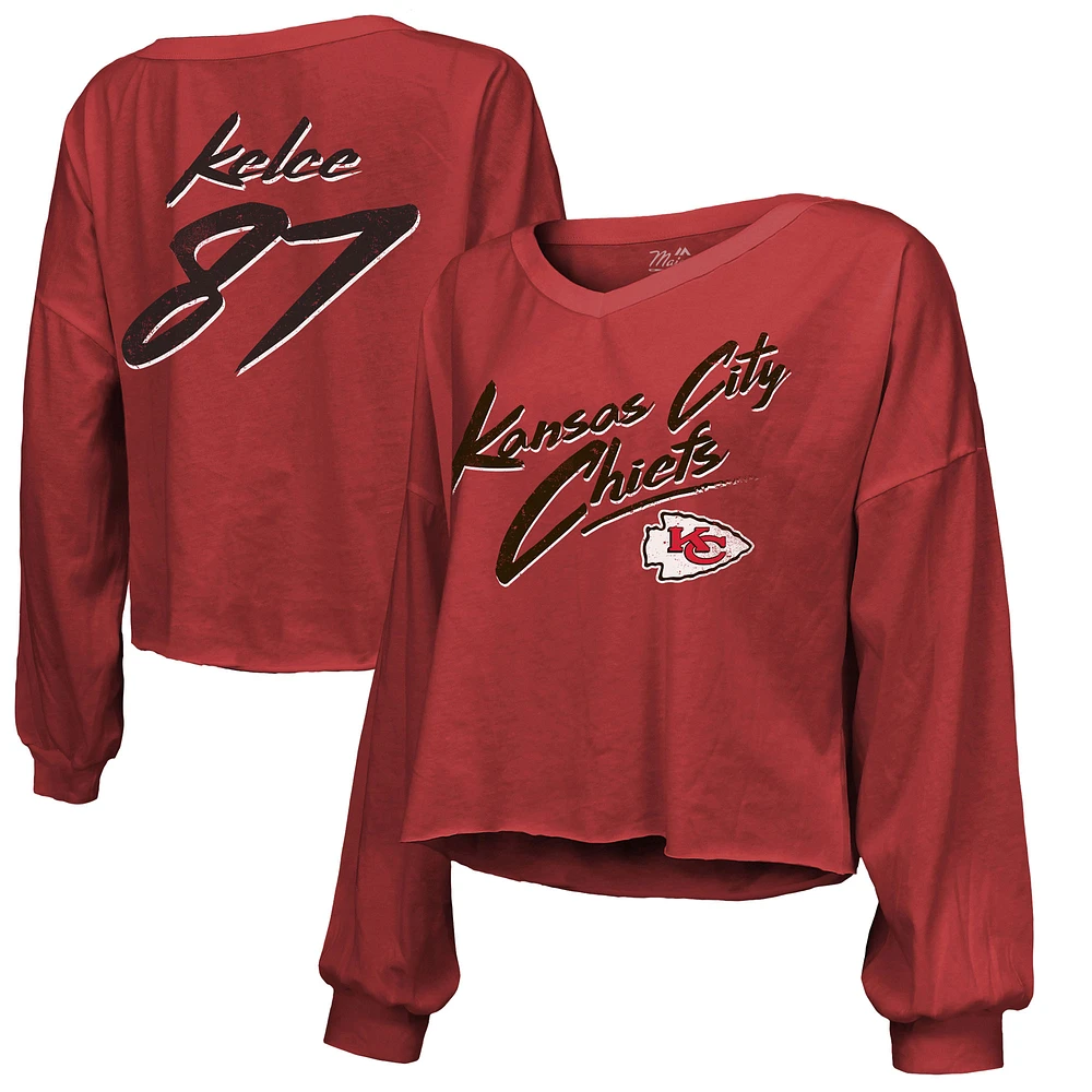 Women's Majestic Threads Travis Kelce Red Kansas City Chiefs Name & Number Off-Shoulder Script Cropped Long Sleeve V-Neck T-Shirt