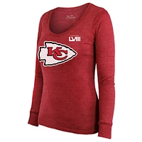 Women's Majestic Threads Travis Kelce Red Kansas City Chiefs Super Bowl LVIII Scoop Name & Number Tri-Blend Long Sleeve T-Shirt