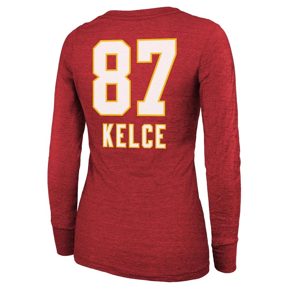 Majestic Threads Travis Kelce Red Kansas City Chiefs Super Bowl LVIII Scoop Nom et numéro T-shirt à manches longues tri-mélange pour femmes