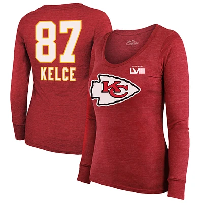 Majestic Threads Travis Kelce Red Kansas City Chiefs Super Bowl LVIII Scoop Nom et numéro T-shirt à manches longues tri-mélange pour femmes