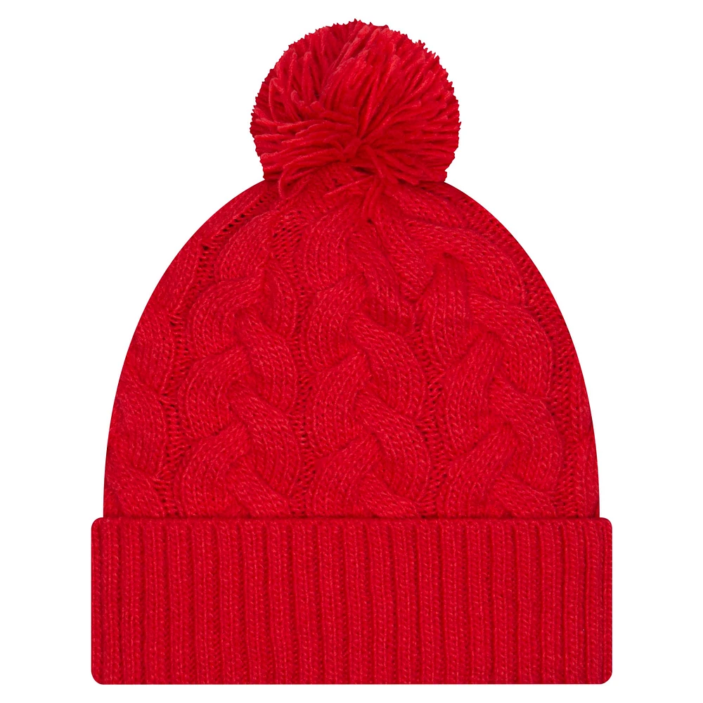 Bonnet en tricot torsadé rouge à revers avec pompon pour femme New Era Kansas City Chiefs