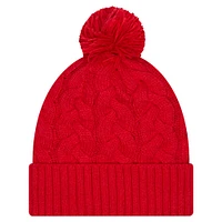 Bonnet en tricot torsadé rouge à revers avec pompon pour femme New Era Kansas City Chiefs