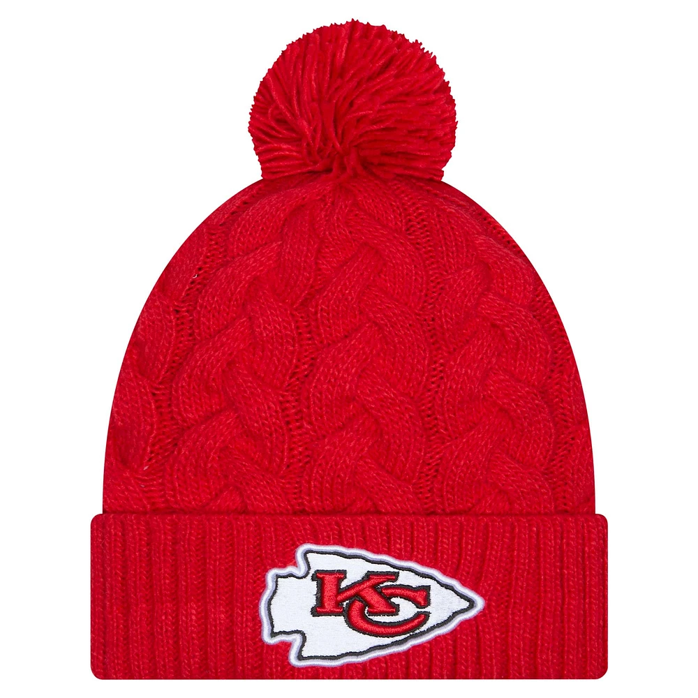 Bonnet en tricot torsadé rouge à revers avec pompon pour femme New Era Kansas City Chiefs