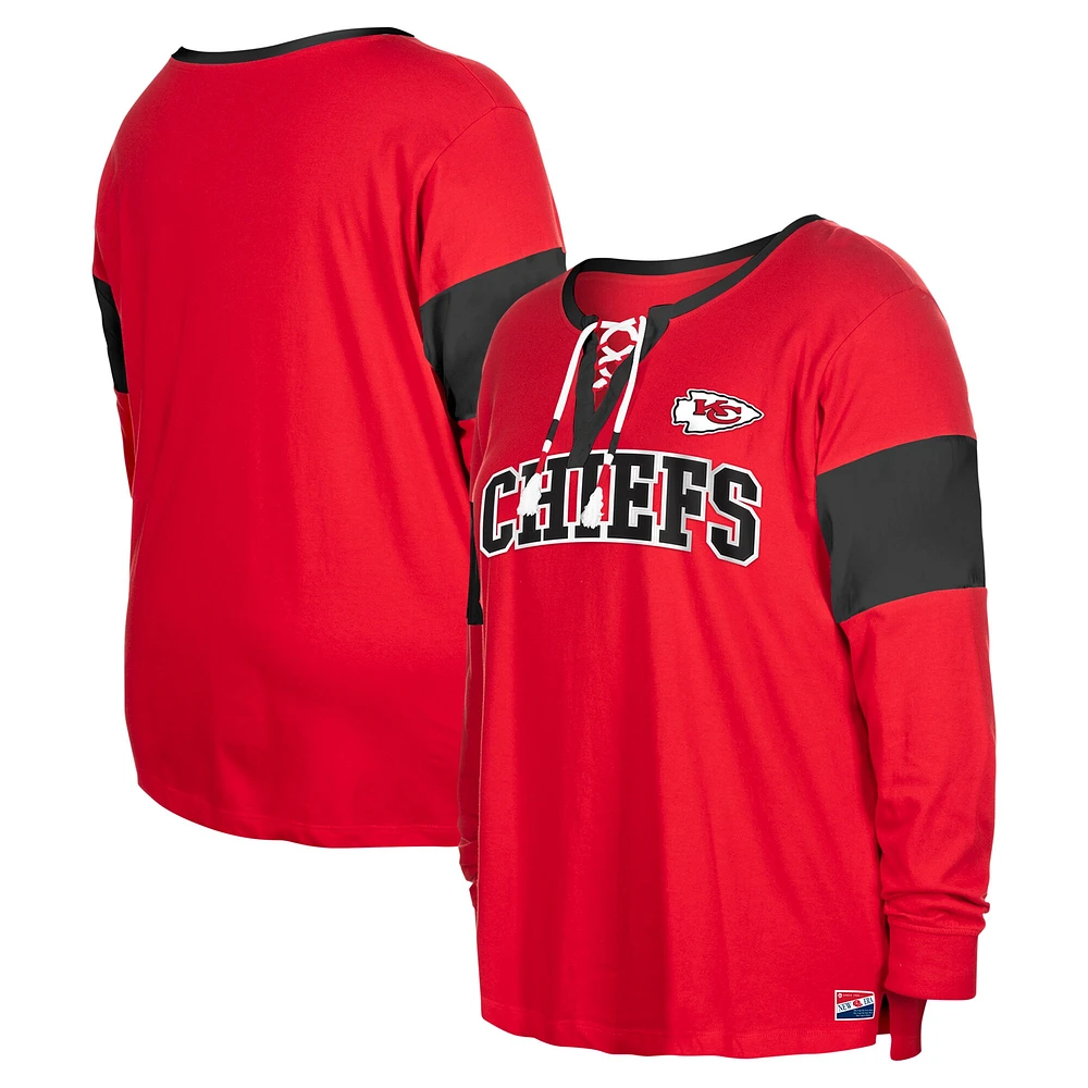 T-shirt à manches longues et col cranté lacets pour femme New Era rouge Kansas City Chiefs grande taille
