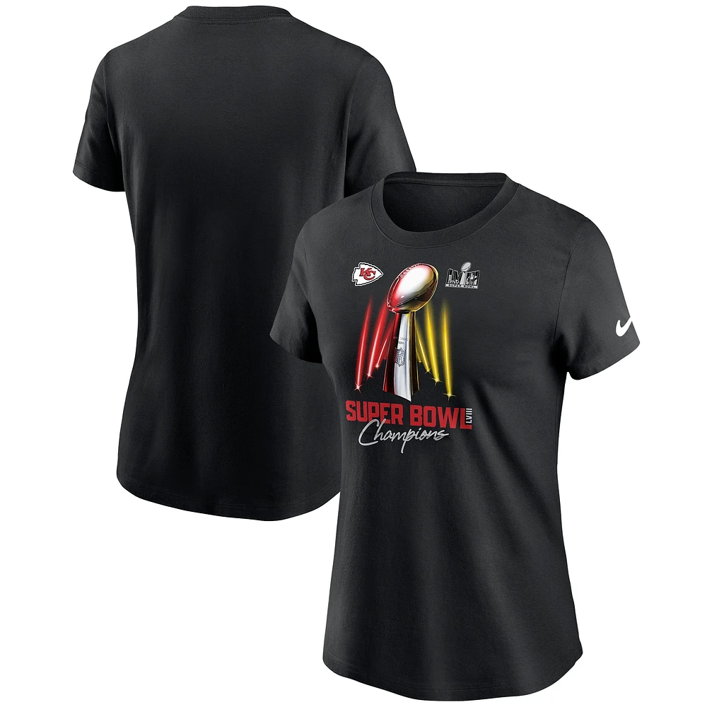 T-shirt Nike noir pour femme des Chiefs de Kansas City Super Bowl LVIII Champions Lombardi Trophy