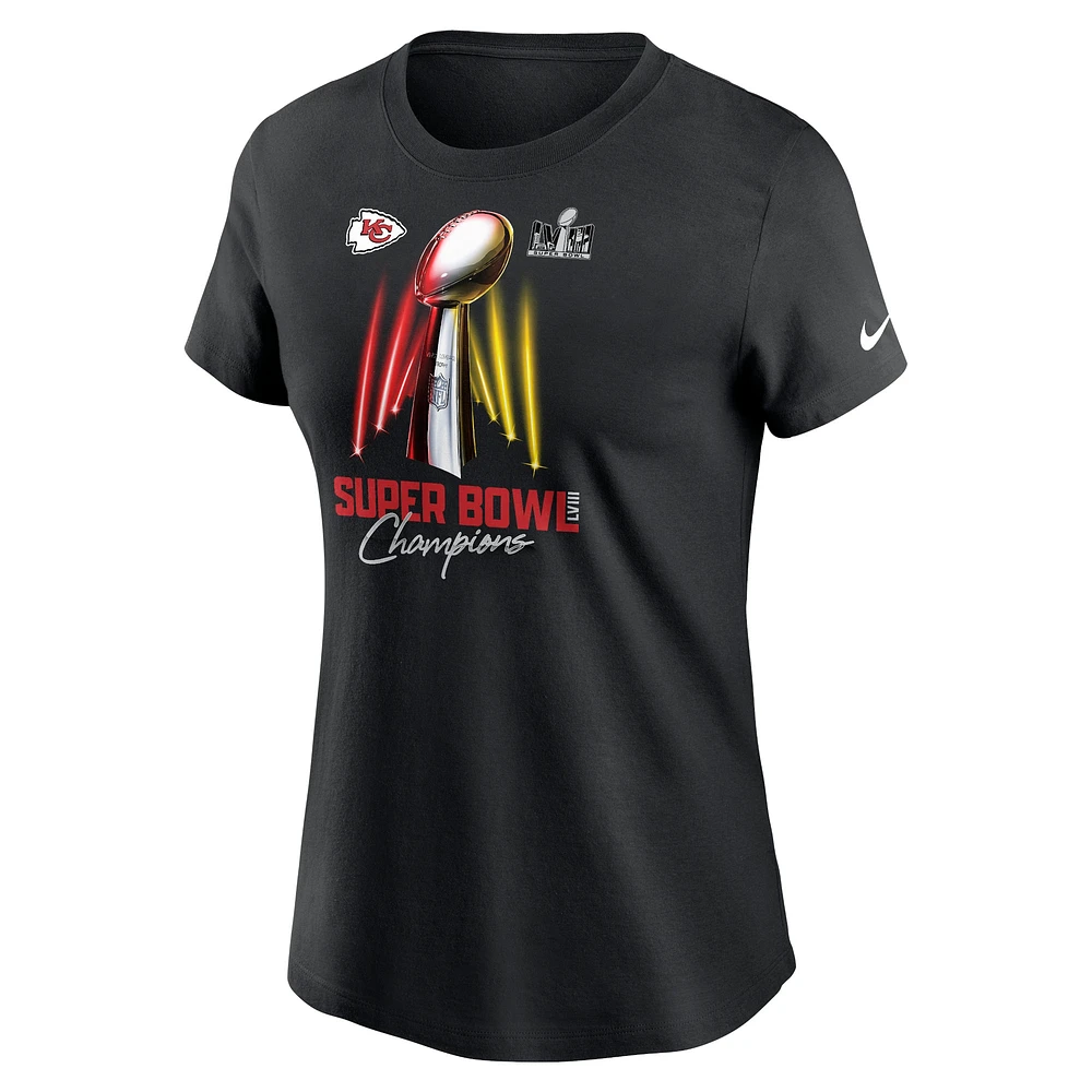 T-shirt Nike noir pour femme des Chiefs de Kansas City Super Bowl LVIII Champions Lombardi Trophy