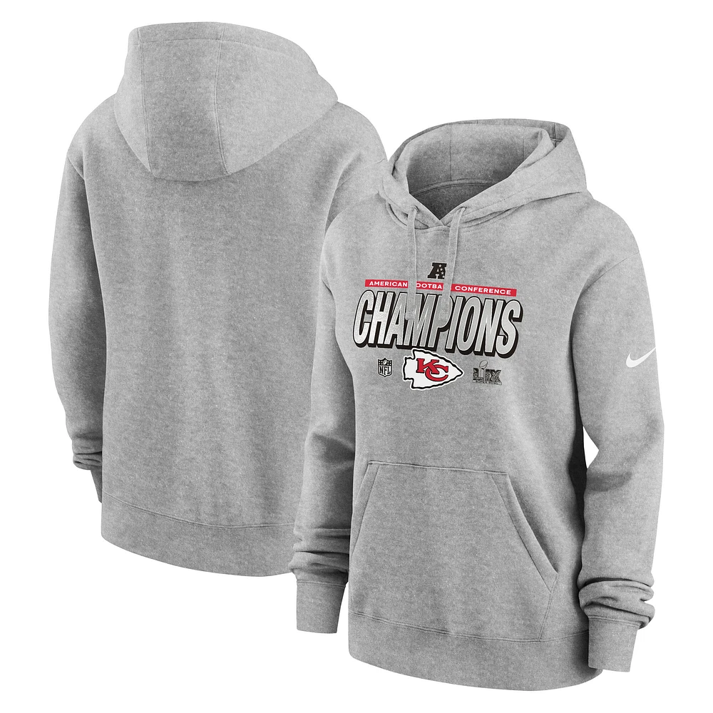 Women's Nike Heather Gray Kansas City Chiefs 2024 AFC Champions Locker Room Trophy Collection Club Fleece Pullover Hoodie