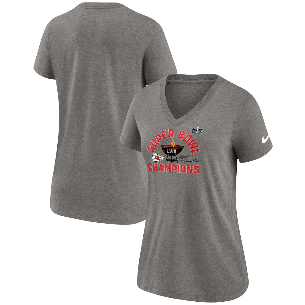 T-shirt Nike gris chiné à col en V pour femmes, Kansas City Chiefs Super Bowl LVIII Champions Local Tri-Blend