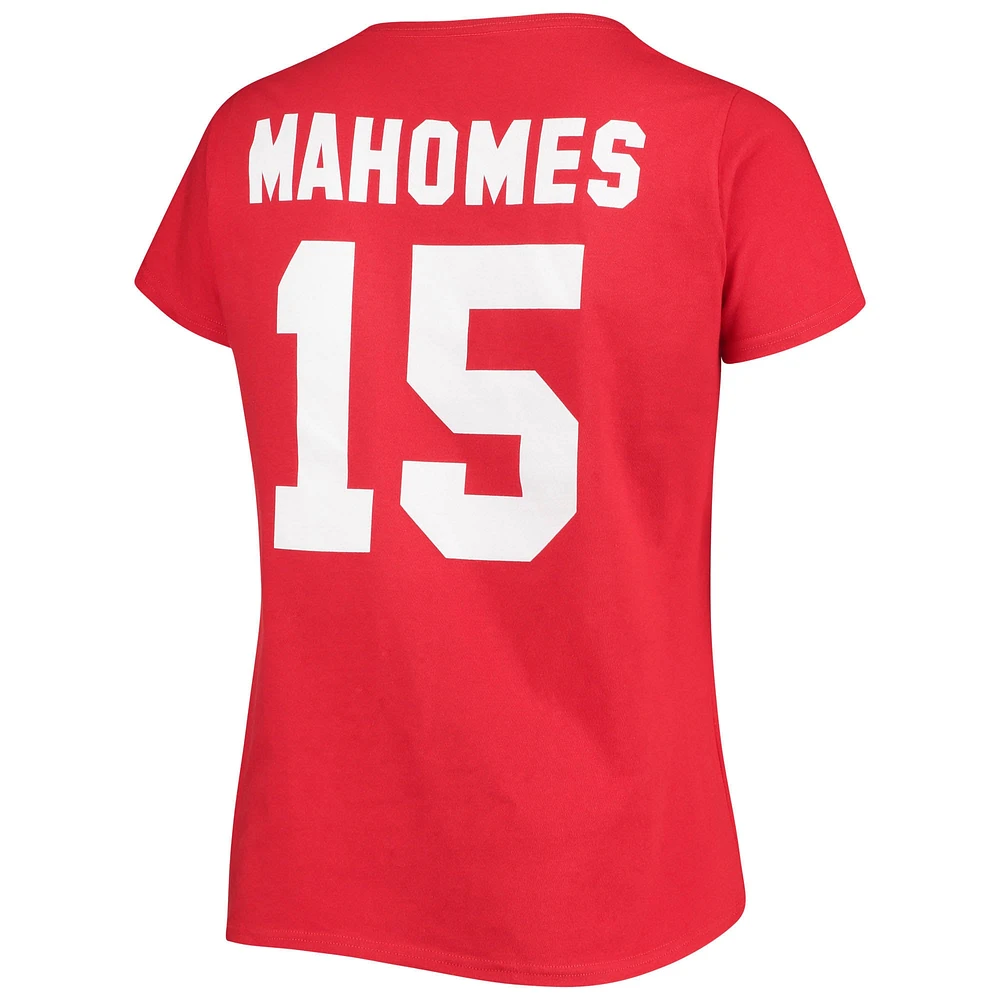 T-shirt à col rond pour femme Patrick Mahomes Red Kansas City Chiefs avec nom et numéro Fair Catch, grande taille