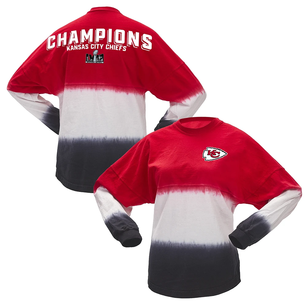 T-shirt à manches longues ombré rouge/blanc pour femme Kansas City Chiefs Super Bowl LVIII Champions