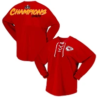 Women's  Red Kansas City Chiefs Super Bowl LVIII Champions Lace-Up Long Sleeve Jersey T-Shirt