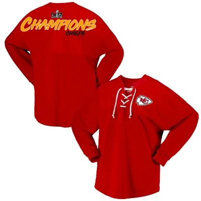 T-shirt à manches longues lacets pour femme Kansas City Chiefs Super Bowl LVIII Champions rouge