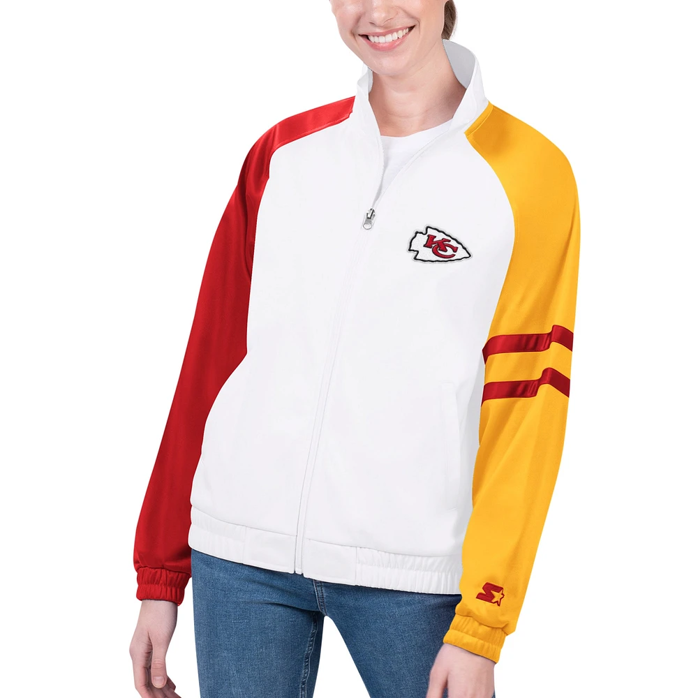 Veste de survêtement entièrement zippée Starter White Kansas City Chiefs Curve Ball Raglan pour femmes