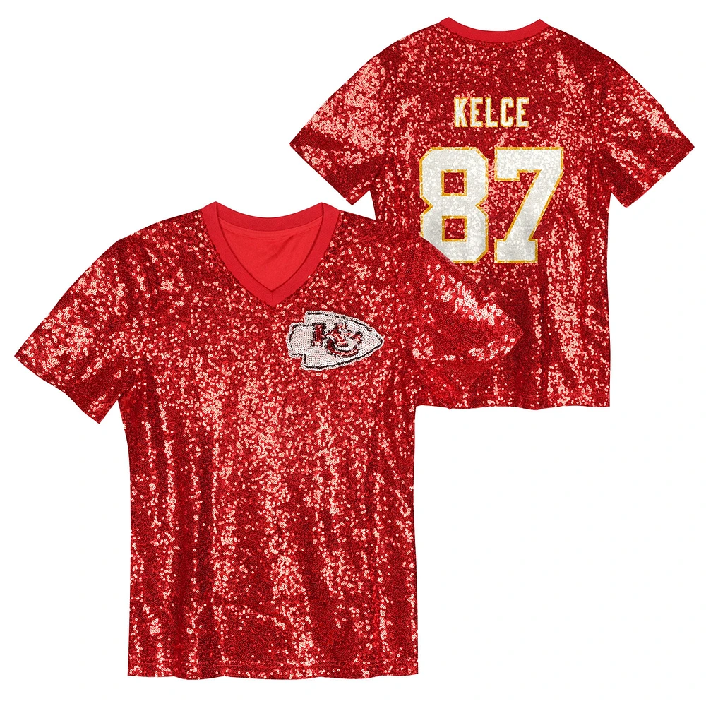 Maillot à col en V pour femme Travis Kelce Red Kansas City Chiefs avec nom et numéro de joueur