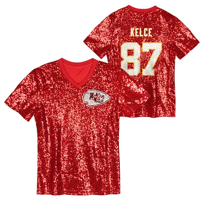 Women's Travis Kelce Red Kansas City Chiefs Player Name & Number V-Neck Fashion Jersey