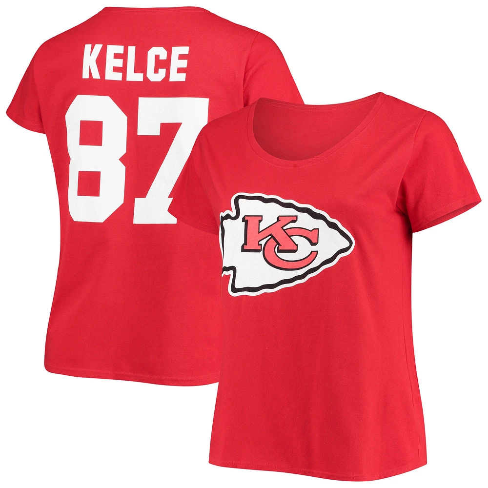 T-shirt à col rond pour femme Travis Kelce Red Kansas City Chiefs avec nom et numéro Fair Catch, grande taille