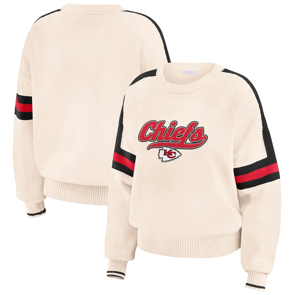 Women's WEAR by Erin Andrews Cream Kansas City Chiefs Stripe Pullover Sweater