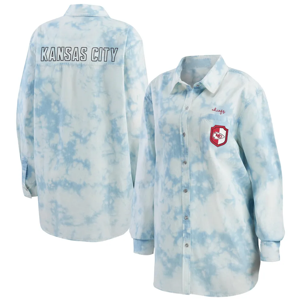 Lids Kansas City Chiefs WEAR by Erin Andrews Women's Chambray Acid-Washed  Long Sleeve Button-Up Shirt - Denim