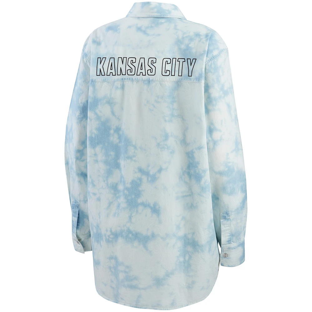 Women's WEAR by Erin Andrews Denim Kansas City Chiefs Chambray Acid-Washed Long Sleeve - Button-Up Shirt